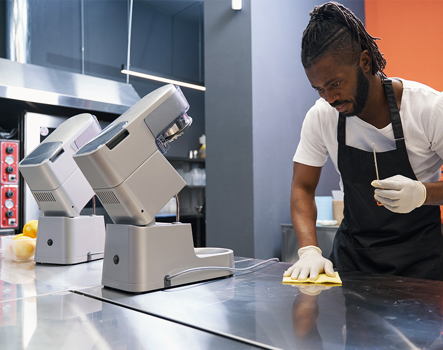 Cuisinier nettoyant plan de travail