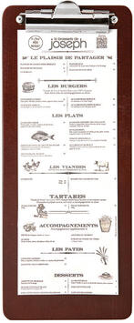 PORTE-MENU AVEC PINCE BOIS FONCÉ DEMI A4 34,5 X 14 CM