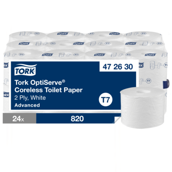 PAPIER TOILETTE PETIT ROULEAU TORK® T7  ADVANCED BLANC SANS MANDRIN 820 FORMATS 2 PLIS ECOLABEL X24