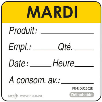 ÉTIQUETTES DLC JOUR SEMAINE AUTOCOLLANTES 5X5CM MARDI JAUNE X500