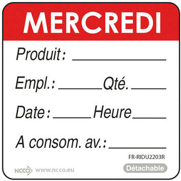 ÉTIQUETTES DLC JOUR SEMAINE AUTOCOLLANTES 5X5CM MERCREDI ROUGE X500