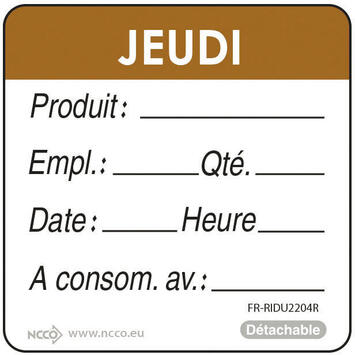 ÉTIQUETTES DLC JOUR SEMAINE AUTOCOLLANTES 5X5CM JEUDI MARRON X500