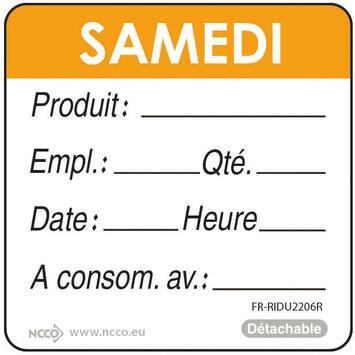 ÉTIQUETTES DLC JOUR SEMAINE AUTOCOLLANTES 5X5CM SAMEDI ORANGE X500