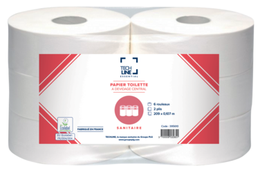 PAPIER TOILETTE À DÉVIDAGE CENTRAL TECHLINE BLANC 1100 FORMATS 2 PLIS ECOLABEL X6