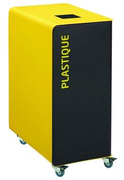 POUBELLE DE TRI A ROULETTES CUBATRI 90L DECHETS PLASTIQUE GRIS MANGANESE / JAUNE