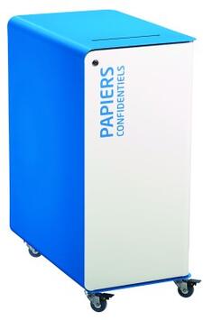 POUBELLE DE TRI A ROULETTES AVEC SERRURE CUBATRI 90L DECHETS PAPIER CONFIDENTIEL BLANC / BLEU