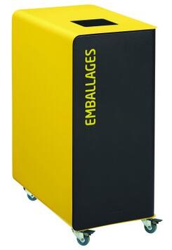 POUBELLE DE TRI A ROULETTES CUBATRI 90L DECHETS EMBALLAGES GRIS MANGANESE / JAUNE