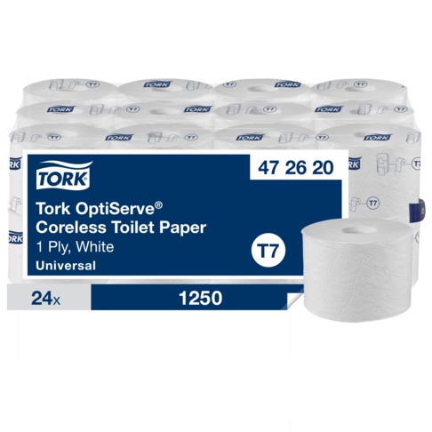 PAPIER TOILETTE PETIT ROULEAU TORK® UNIVERSAL T7 BLANC SANS MANDRIN 1259 FORMATS 1 PLI ECOLABEL X24
