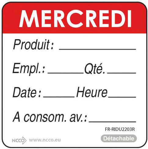 ÉTIQUETTES DLC JOUR SEMAINE AUTOCOLLANTES 5X5CM MERCREDI ROUGE X500