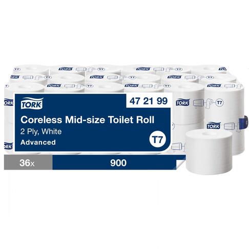 PAPIER TOILETTE PETIT ROULEAU TORK® ADVANCED T7 BLANC SANS MANDRIN 900 FORMATS 2 PLIS ECOLABEL X36
