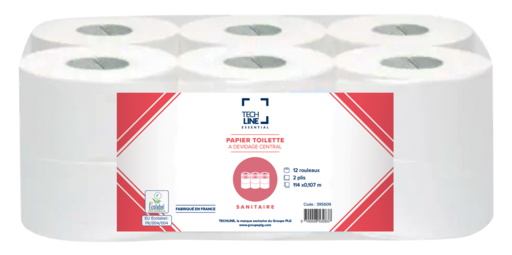 PAPIER TOILETTE À DÉVIDAGE CENTRAL TECHLINE BLANC 600 FORMATS 2 PLIS ECOLABEL X12