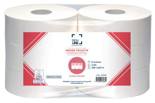 PAPIER TOILETTE À DÉVIDAGE CENTRAL TECHLINE BLANC 1100 FORMATS 2 PLIS ECOLABEL X6