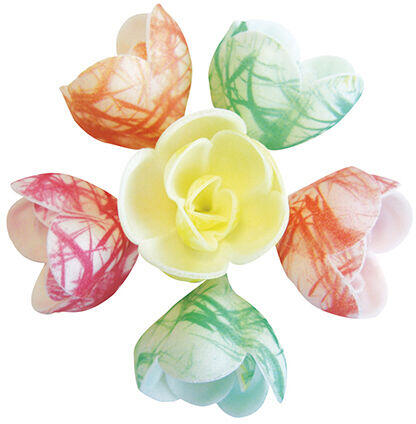 DÉCORS EN PAIN AZYME, FLEURS AZYME PASTEL ZÉBRÉES ASSORTIES Ø 40 MM X72
