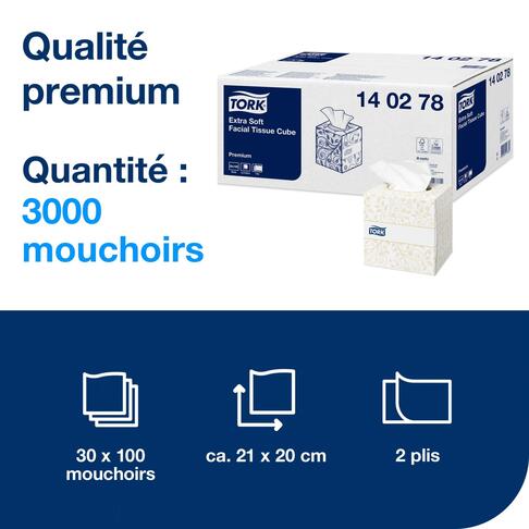 MOUCHOIRS BOÎTE CUBIQUE TORK® PREMIUM BLANC 100 FORMATS 2 PLIS ECOLABEL X30 - 2