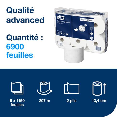 PAPIER TOILETTE À DÉVIDAGE CENTRAL TORK SMARTONE® T8 BLANC 1150 FORMATS 2 PLIS ECOLABEL X6 - 2