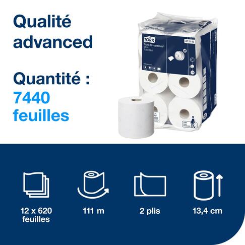 PAPIER TOILETTE À DÉVIDAGE CENTRAL TORK SMARTONE® T9 BLANC 620 FORMATS 2 PLIS ECOLABEL X12 - 2