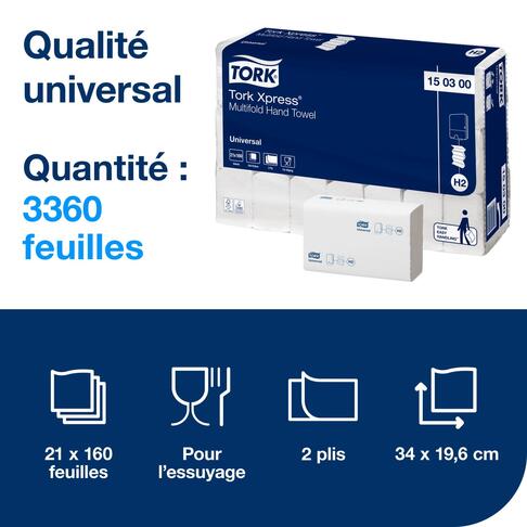 ESSUIE-MAINS PLIÉS EN M TORK® H2 BLANC 19.6X34CM 160 FORMATS 2 PLIS ECOLABEL X21 - 2