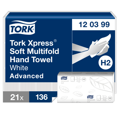 ESSUIE-MAINS PLIÉS EN M TORK® ADVANCED H2 BLANC 34X21.2CM 136 FORMATS 2 PLIS ECOLABEL X21 - 2