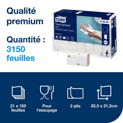 ESSUIE-MAINS PLIÉS EN Z TORK® PREMIUM SOFT H2 BLANC 25.5X21.2CM 150 FORMATS 2 PLIS ECOLABEL X21 - 2