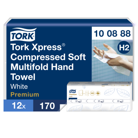 ESSUIE-MAINS COMPRESSÉS PLIÉS EN M TORK XPRESS® H2 PREMIUM BLANC 32X21,2CM 170 FORMATS 2 PLIS ECOLABEL X12 - 3