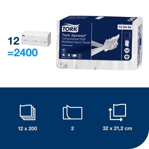 ESSUIE-MAINS COMPRESSÉS PLIÉS EN M TORK XPRESS® H2 ADVANCED BLANC 32X21.2CM 200 FORMATS 2 PLIS ECOLABEL X12 - 3