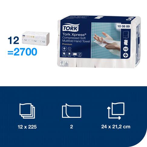 ESSUIE-MAINS COMPRESSÉS PLIÉS EN Z TORK XPRESS® H2 PREMIUM BLANC 24X21,2CM 225 FORMATS 2 PLIS ECOLABEL X12 - 4